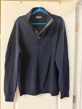 Barbour Men's Navy Zip-Button Funnel Neck Sweater